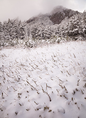 Flatirons, Fall Snow, Mist, Chautauqua Park, Boulder, CO